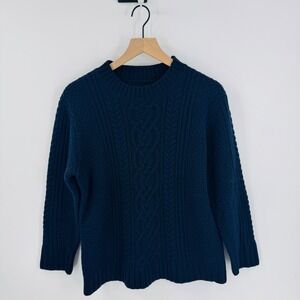 Steven Alan 100% Wool Cable‎ Knit Sweater Navy Blue Crew Neck Fisherman Size L